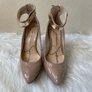 Patent Nude Jessica Simpson Pumps with Gold Ankle Cuff & Zipper Heel Detail